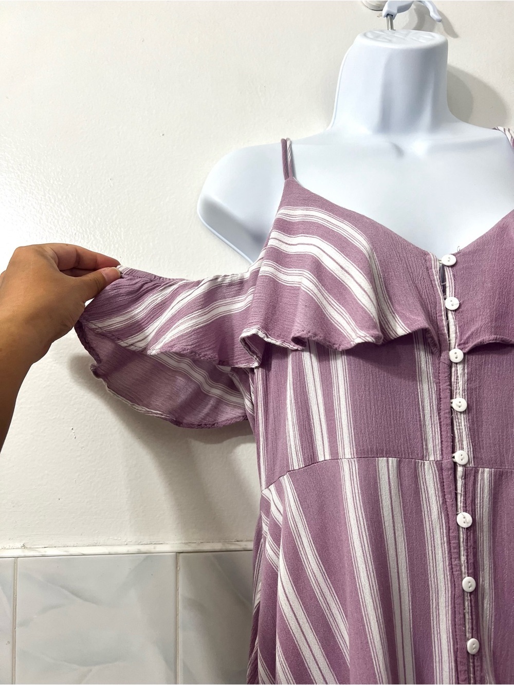 Angie Cold Shoulder Handkerchief Stripe Midi Dress M Cottage Festival Boho Beach - Picture 3 of 11